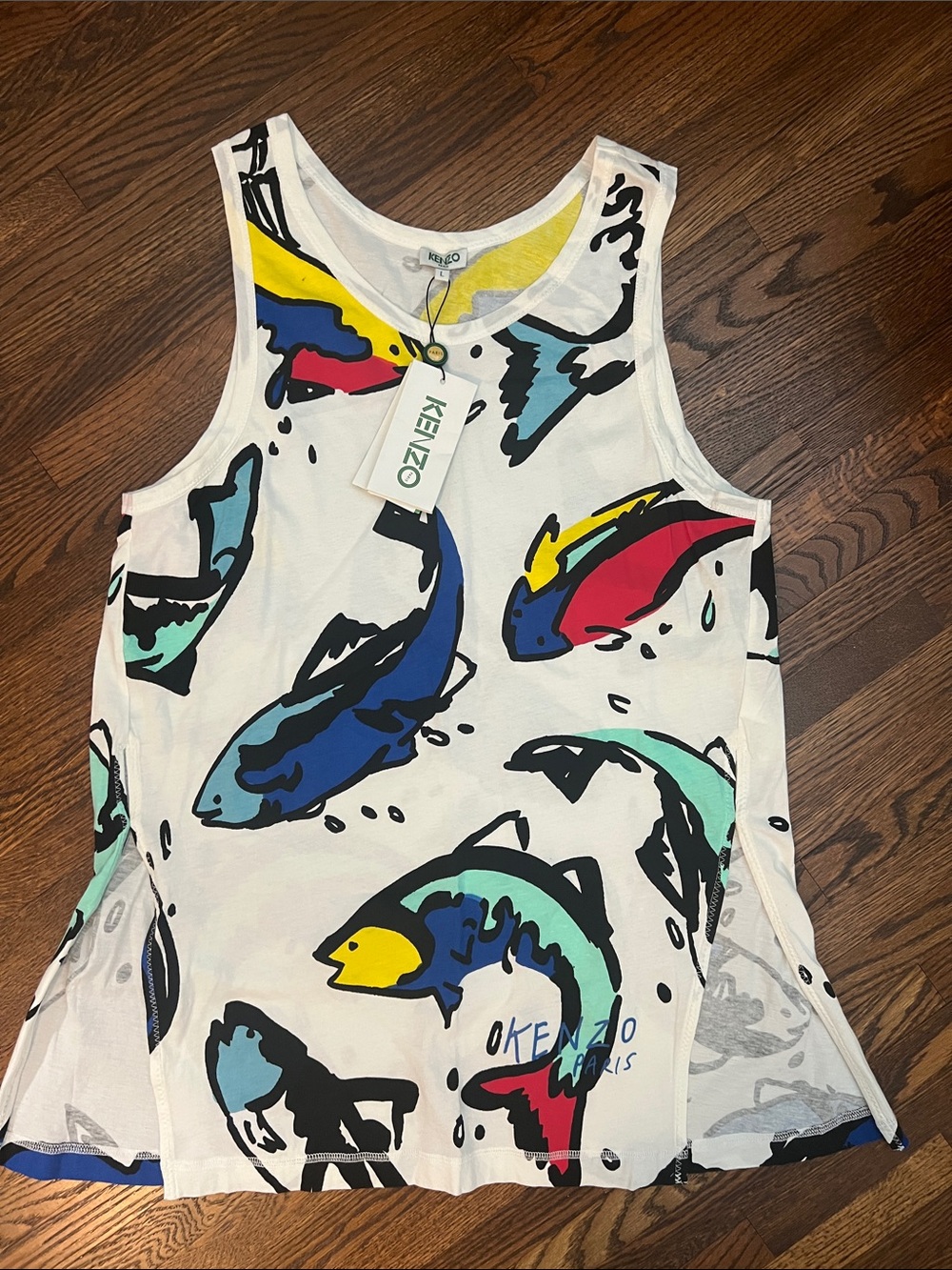 Kenzo White Tank Top with Multicolor Fish Motif